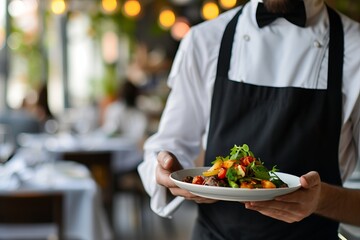 The waiter holds a tray with a plate in his hand, cafe or restaurant concept, fresh delicious food