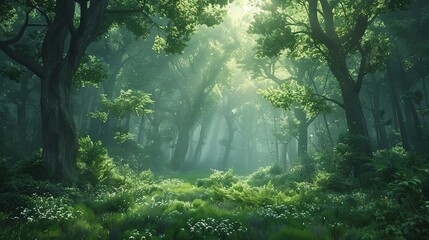 forest scene with lush green trees - Powered by Adobe