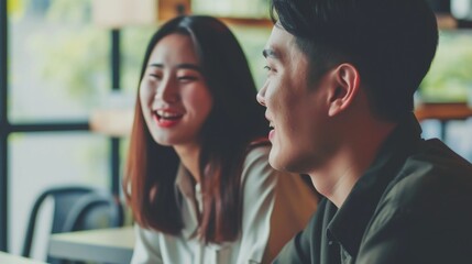 Fototapeta premium A Smiling Asian Couple Sharing a Laugh in a Coffee Shop Fictional Character Created By Generative AI. 
