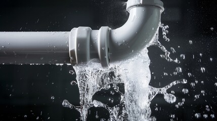 Emergency water damage repair scenario, showcasing a high-pressure burst of water erupting from a ruptured pipe, symbolizing the urgency of plumbing issues.