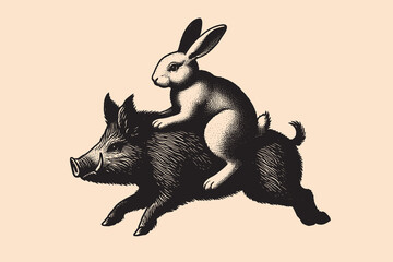 A rabbit riding a boar. Vintage engraving vector illustration, emblem, logo, icon, Isolated object © Victoria