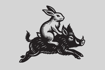 A rabbit riding a boar. Vintage engraving vector illustration, emblem, logo, icon, Isolated object