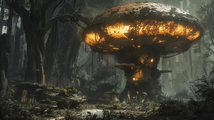 Formulating a depiction of a giant, glowing mushroom serving as a shelter in a postapocalyptic setting, in an art nouveau style