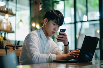 The Young Man Using His Cellphone at a Table Fictional Character Created By Generative AI. 