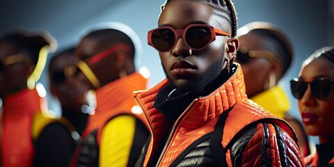 Innovative Direction: Futuristic Image Featuring Man in Black Jacket Amidst Orange-Attired Group