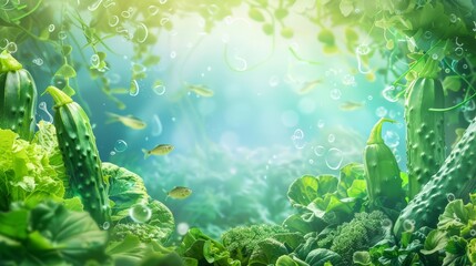 Fresh vegetables background of an underwater seascape with seaweed and fishshaped cucumbers, perfect for a vegan restaurants placemat design