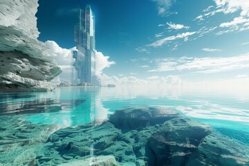 Fototapeta premium Futuristic landscape view of a crystal clear lagoon, blending futuristic styles with a scene that stretches the boundaries of imagination, banner sharpen with copy space