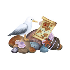 Sea stones, starfish, treasure map, seagull, shells. Watercolor illustration. Isolated composition on a white background. For decoration and design of souvenirs, cards, posters, labels and logos