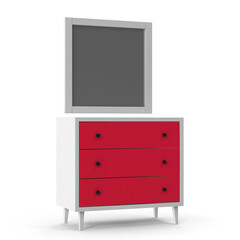 Drawer Dresser With Mirror Red White 3D