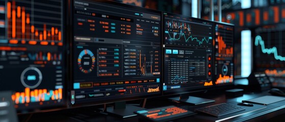 An example of a 3D render of a financial stock and cryptocurrency market table template with Big Data, Ticker Numbers, and Values. Task Monitoring Interface with Multiple Indexes. Mock up for a