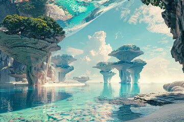 Futuristic landscape view of a crystal clear lagoon, blending futuristic styles with a scene that stretches the boundaries of imagination, banner sharpen with copy space