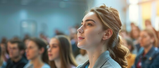 An audience member writes important information on a laptop while seated in a crowded business conference room. Successful business people listen to the keynote speech in an auditorium.