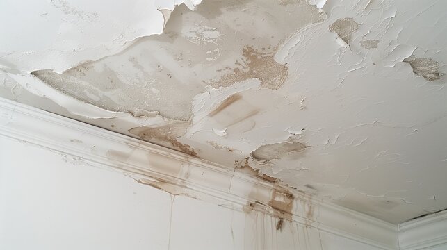 Water damage repair, showcasing a damaged and stained white ceiling with visible water marks and peeling paint, indicating the need for restoration.