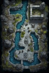 DnD Battlemap fortress, medieval, stone, lake, tranquil, walls