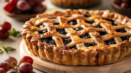 Crisp close-up of a fruit pie with grapes on a table, isolated against a bright background, studio lighting emphasizing details