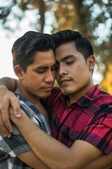 Fototapeta premium Two men sharing a heartfelt hug Fictional Character Created By Generative AI. 