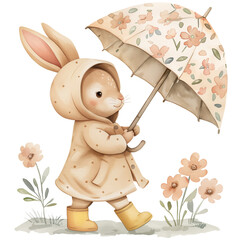 Watercolor bunny in a beige coat with floral umbrella