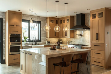 A contemporary Montreal kitchen, with French-Canadian flair, featuring maple wood cabinets, a quartzite island, and sophisticated lighting, embodying the citya??s blend of cultures.