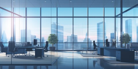 Elegant Office Design: Contemporary Interior with Expansive Windows and Stylish Illumination