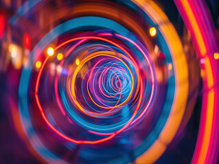 A stunning photo captures neon circles with a long exposure, beautifully depicting vibrant lights in graceful motion through a slow shutter speed.