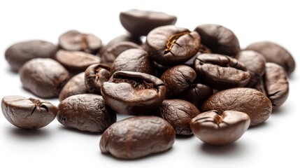 Fototapeta premium Close-up shot of roasted coffee beans scattered on an isolated background, studio lighting emphasizing their texture and rich color