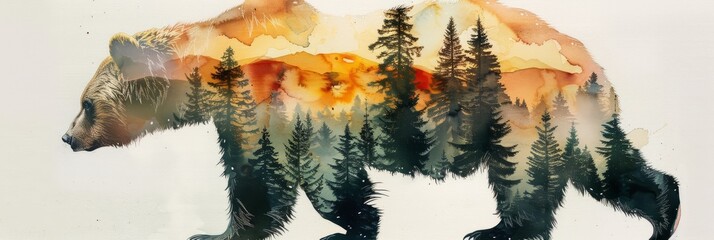 Watercolor illustration image with double exposure of a forest predator bear and its forest habitat, banner
