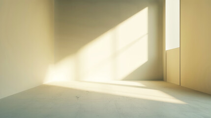 Aesthetic minimalist empty concrete gray room background with sun rays and shadows. Copy space. Mockup. Generative AI