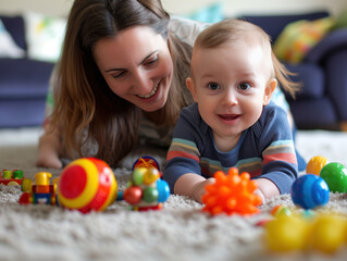 A mother and her baby boy bond happily, surrounded by toys on a cozy carpet at home, cherishing playful moments.