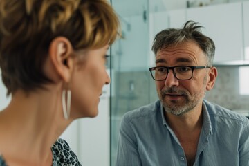 Fototapeta premium Man and woman engaged in conversation in an office setting Fictional Character Created By Generative AI. 