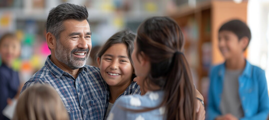 Obraz premium of a father discussing with other parents at a school fair, sharing experiences and advice, fostering a sense of community and shared responsibility, Embracing, Support, Mother, Pa
