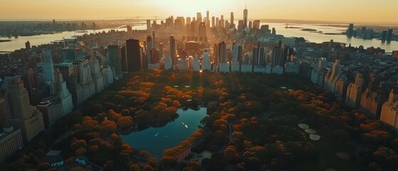 Fototapeta premium Sunset in New York City. Aerial Shot of Modern Skyscrapers Around Central Park in Manhattan Island. Focus on Nature, Trees, and Lakes in the Park.
