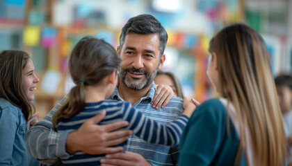 Fototapeta premium of a father discussing with other parents at a school fair, sharing experiences and advice, fostering a sense of community and shared responsibility, Embracing, Support, Mother, Pa
