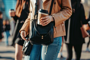 Fashionable Female with a Brown Purse and a Hot Coffee Fictional Character Created By Generative AI. 