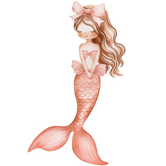 Pink mermaid with bow watercolor isolated pastel illustration
