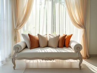 A charming day bed, adorned with pillows, rests against a soft backdrop. Its inviting allure is visible through sheer curtains.