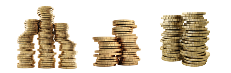 Set of pile of Gold money coins Isolated on transparent background