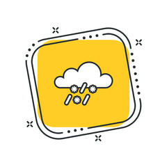 Cartoon cloud with snow and rain icon vector illustration. Snowing sky icon on isolated yellow square background. Climate sign concept.