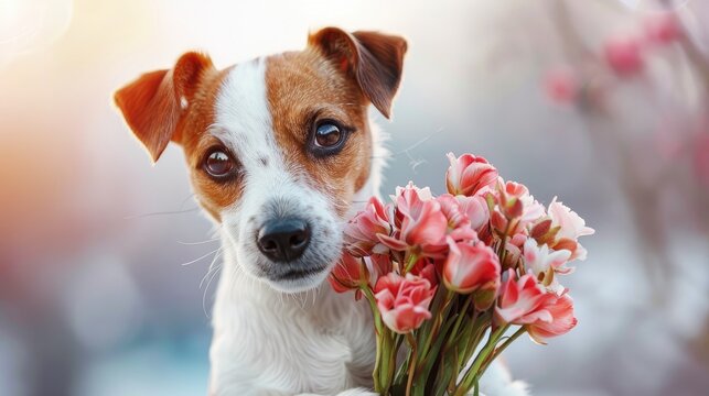 On St Valentine s Day an adorable Jack Russell Terrier holds a bouquet of flowers delicately in its paws sweetly offering a thoughtful gift
