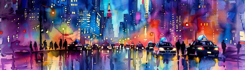 Minimal watercolor of a vibrant cityscape at night, with glowing lights and busy streets in vintage styles, Simple detail clipart cute watercolor on white background