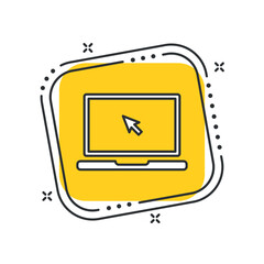 Cartoon laptop with cursor icon vector illustration. Notebook screen on isolated yellow square background. Click sign concept.