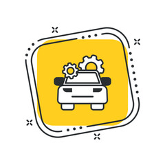 Cartoon car repair icon vector illustration. Car and cogwheel on isolated yellow square background. Service sign concept.