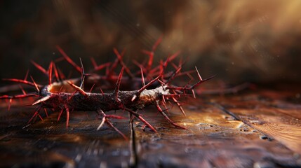 Close-up of a Christian crown of thorns with metal nails, placed on a wooden desk, isolated background, studio lighting