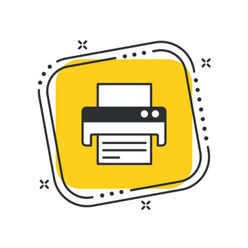 Cartoon printer icon vector illustration. Printout icon on isolated yellow square background. Print sign concept.