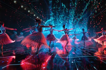 The image shows a group of ballerinas dancing on a stage with colorful lights in the background.