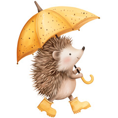 Walking hedgehog with yellow umbrella and autumn rubber boots