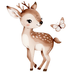 Beige woodland baby deer with butterfly, watercolor cute forest animal clipart