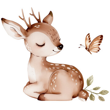 recommend clip art: Sleeping woodland baby deer with butterfly, watercolor cute forest animal clipart