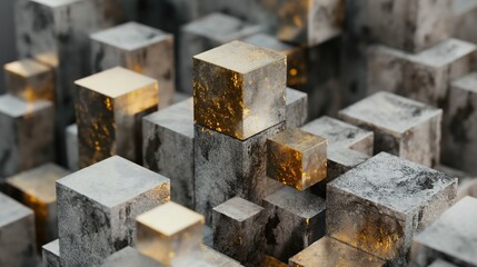 Grey and golden grunge stone cubes abstract background. Generative AI