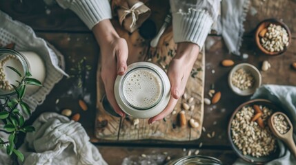 Engaging in a mindful morning routine crafting vegan buckwheat milk for breakfast Placing a jar of this animal friendly alternative milk on a rustic wooden board embracing the essence of ve