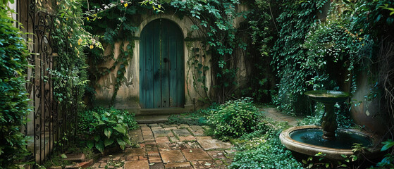 Lush garden with tangled ivy and a concealed fountain, creating a mystical and enchanting atmosphere.